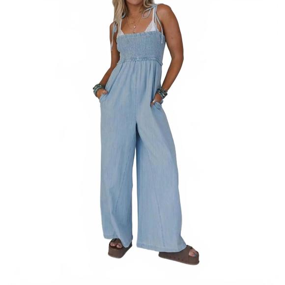 THREE BIRD NEST Pants - NEW THREE BIRD NEST light washed smocked cotton jumpsuit in blue